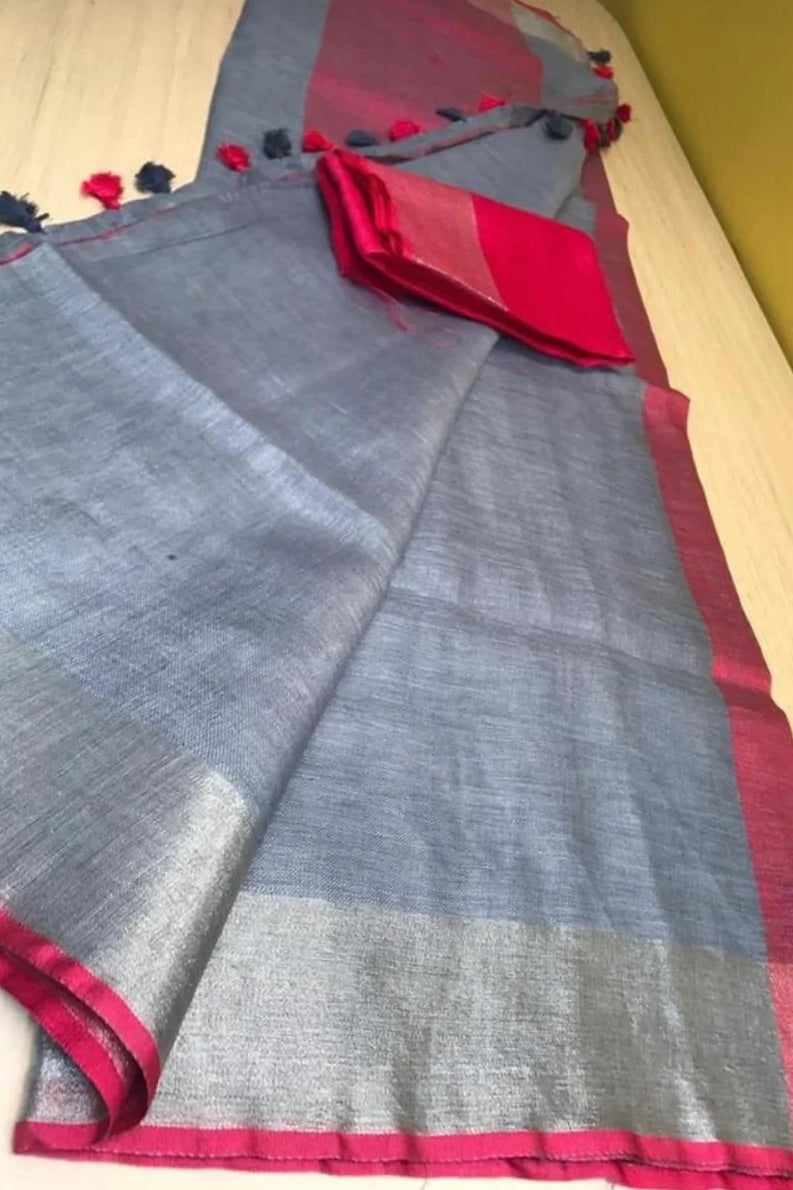 steel grey handloom pure linen saree - linenworldonline.in