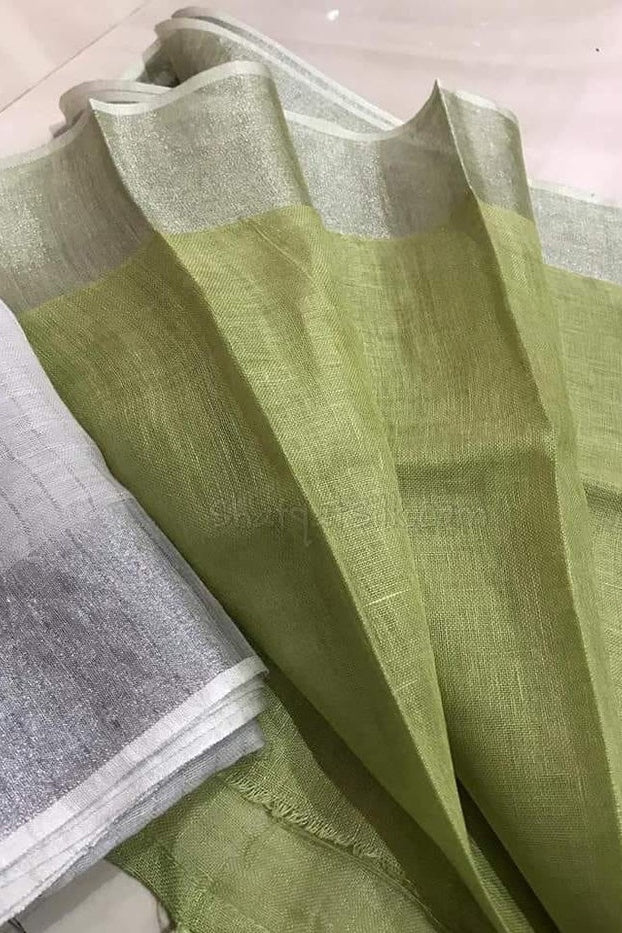 green handloom pure linen saree - linenworldonline.in