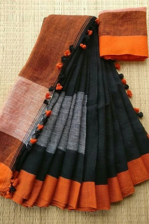 black handloom pure linen saree - linenworldonline.in
