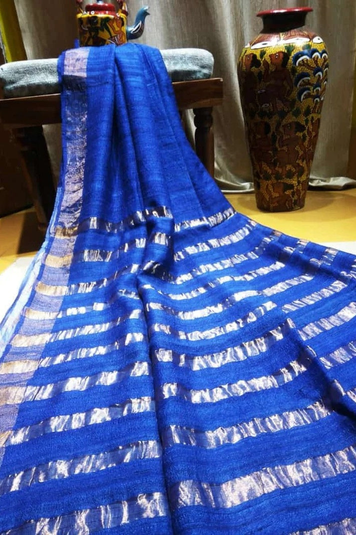 royal blue tussar ghicha handloom saree - linenworldonline.in