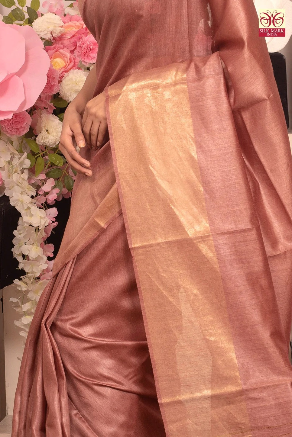 dusty pink handwoven tussar muga silk saree - linenworldonline.in