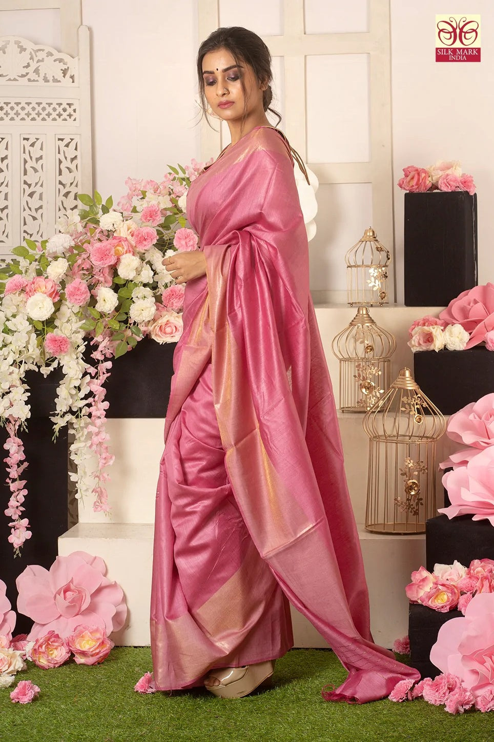blush pink handwoven tussar muga silk saree - linenworldonline.in