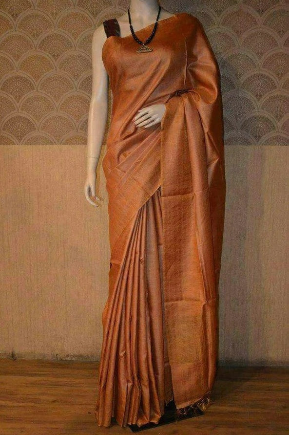 bronze handwoven tussar muga silk saree - linenworldonline.in
