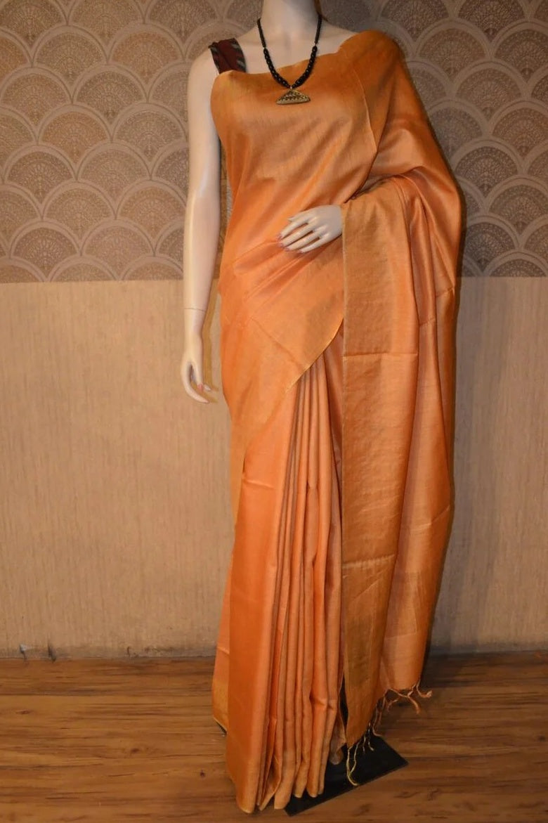 orange handwoven tussar muga silk saree - linenworldonline.in