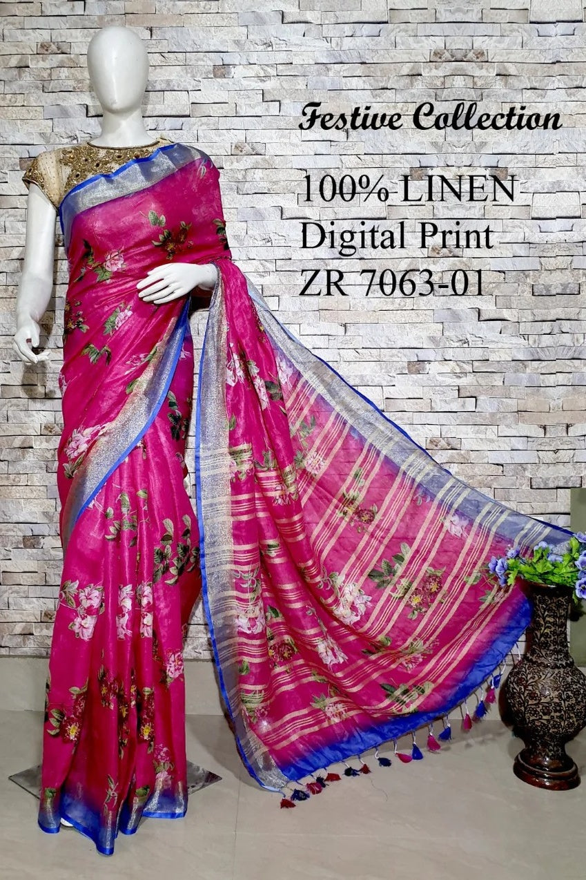 pink digital printed handloom pure linen saree - linenworldonline.in