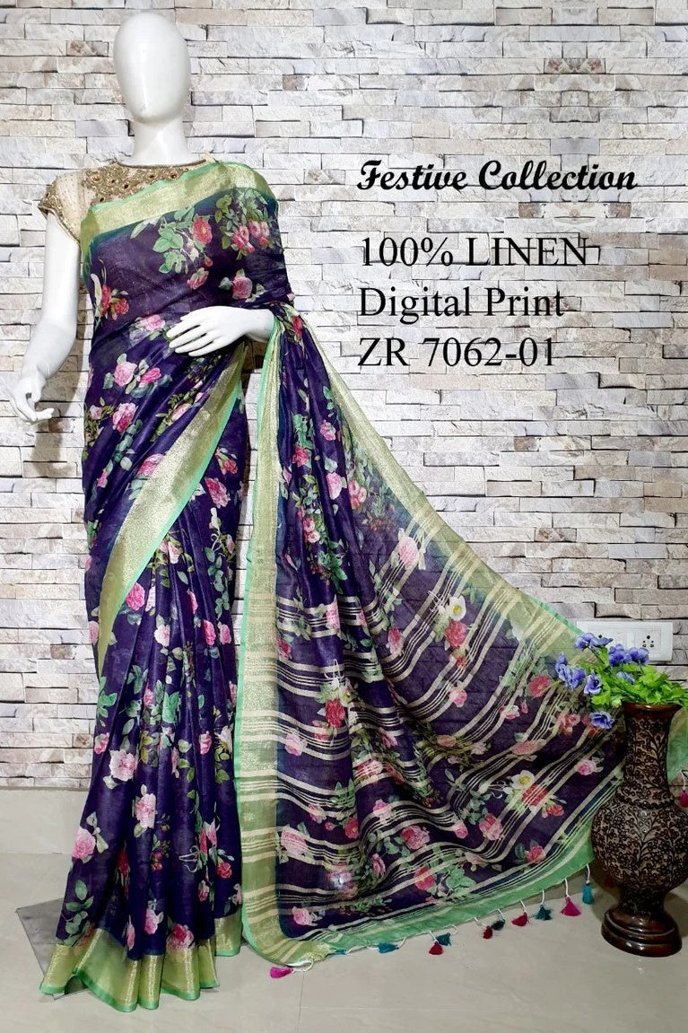 purple floral digital printed handloom pure linen saree - linenworldonline.in