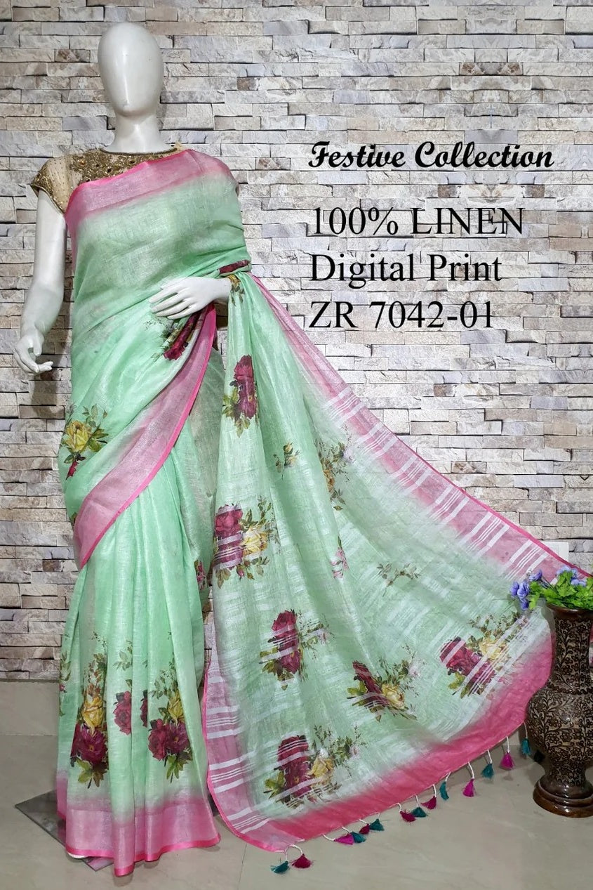 sea green digital printed handloom pure linen saree - linenworldonline.in