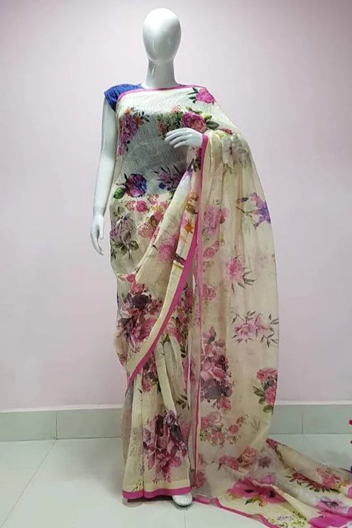 cream digital printed handloom silk linen saree - linenworldonline.in