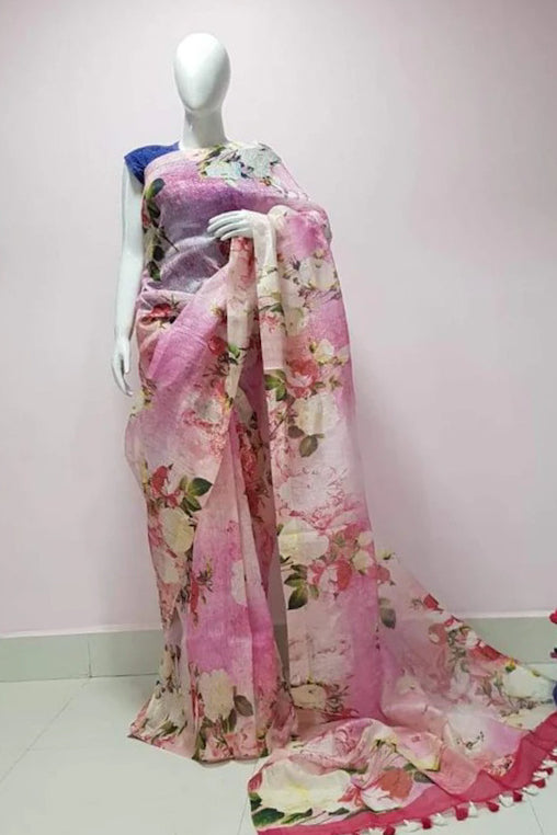 pink digital printed handloom silk linen saree - linenworldonline.in