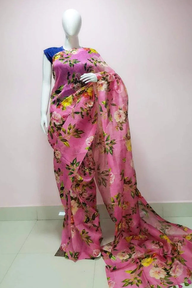 pink floral digital printed handloom silk linen saree - linenworldonline.in