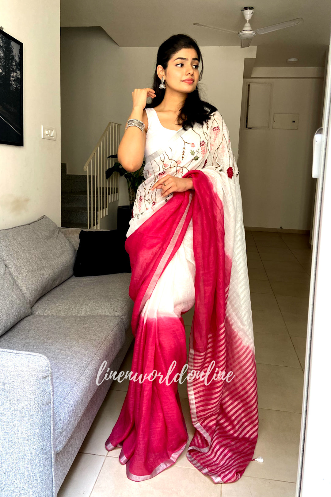 Kavya - Ombre Dye French Knot Linen Sari | Linen World