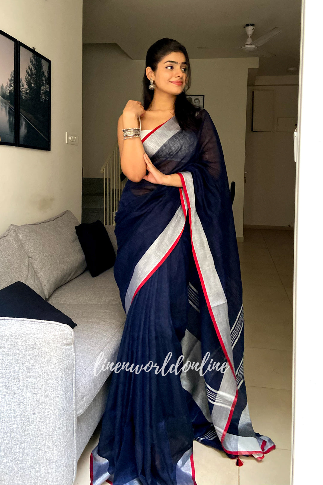 Pure Linen Pastel Blue Saree – Sunasa