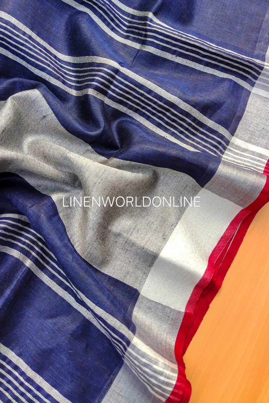 avantika - navy blue organic pure linen saree - linenworldonline