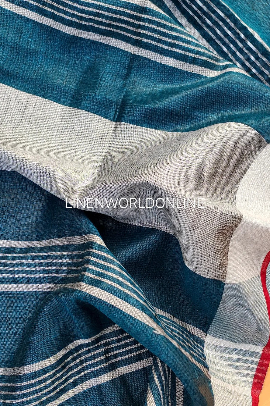 gayatri - teal blue organic pure linen saree - linenworldonline.in