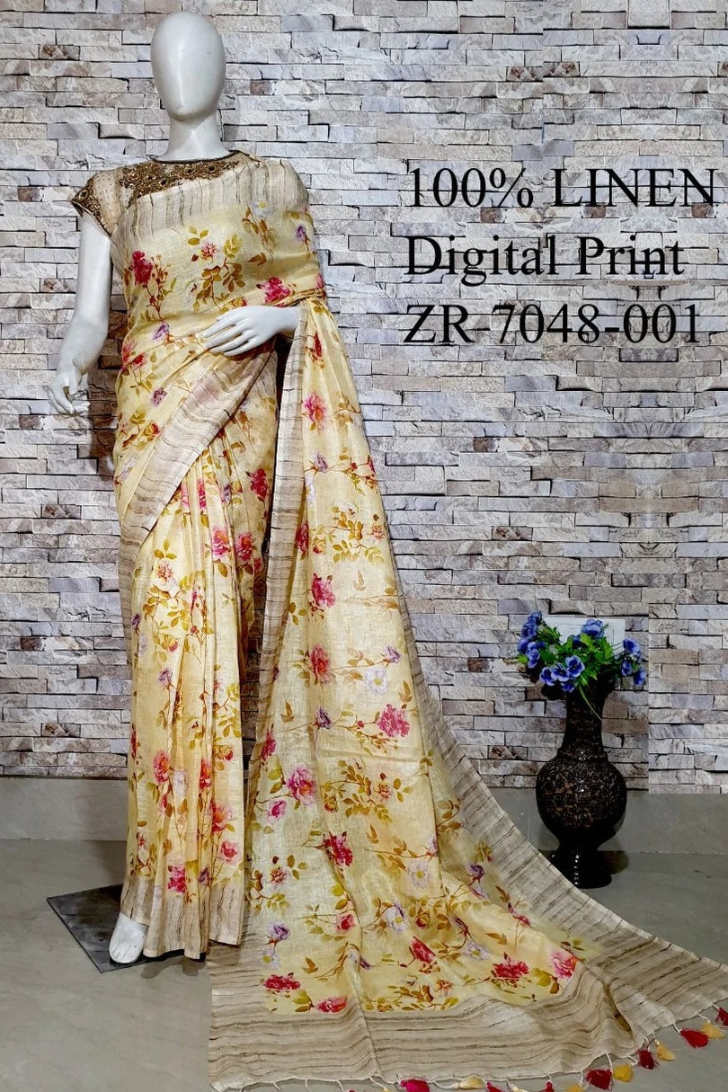 pale yellow digital printed handloom pure linen saree - linenworldonline.in