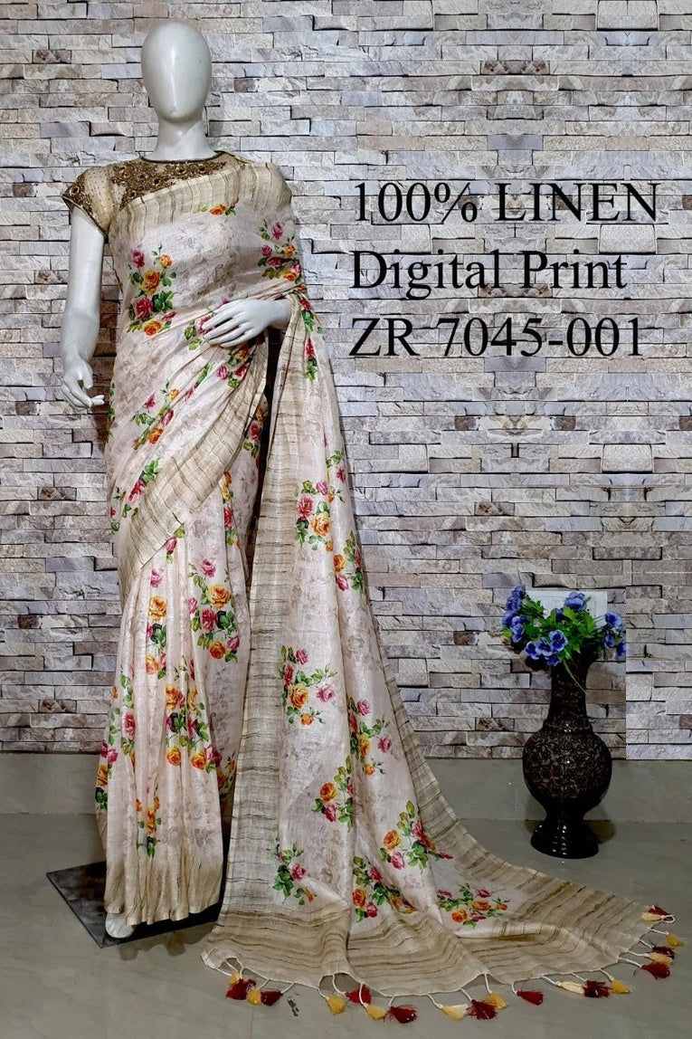 beige digital printed handloom pure linen saree - linenworldonline.in