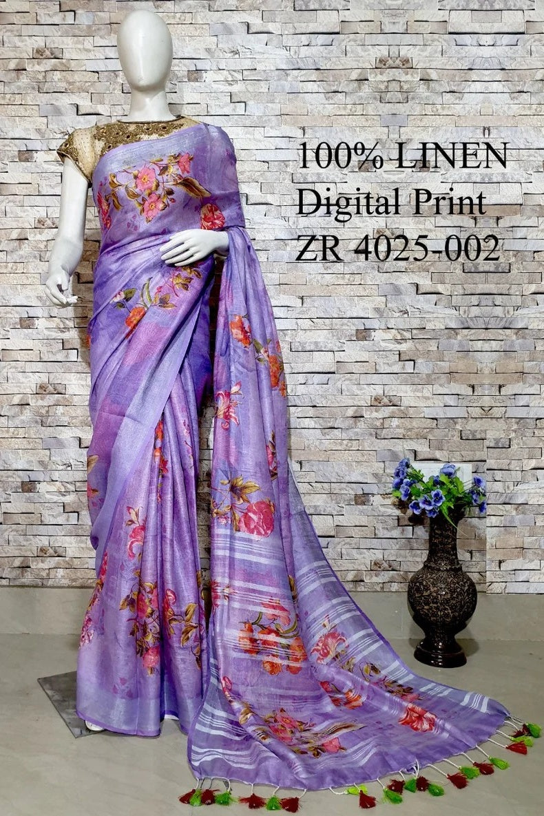 purple digital printed handloom pure linen saree - linenworldonline.in