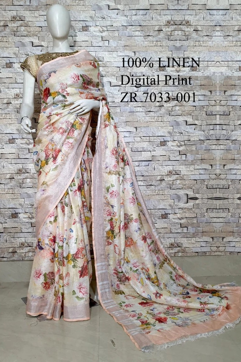 cream floral digital printed handloom pure linen saree - linenworldonline.in