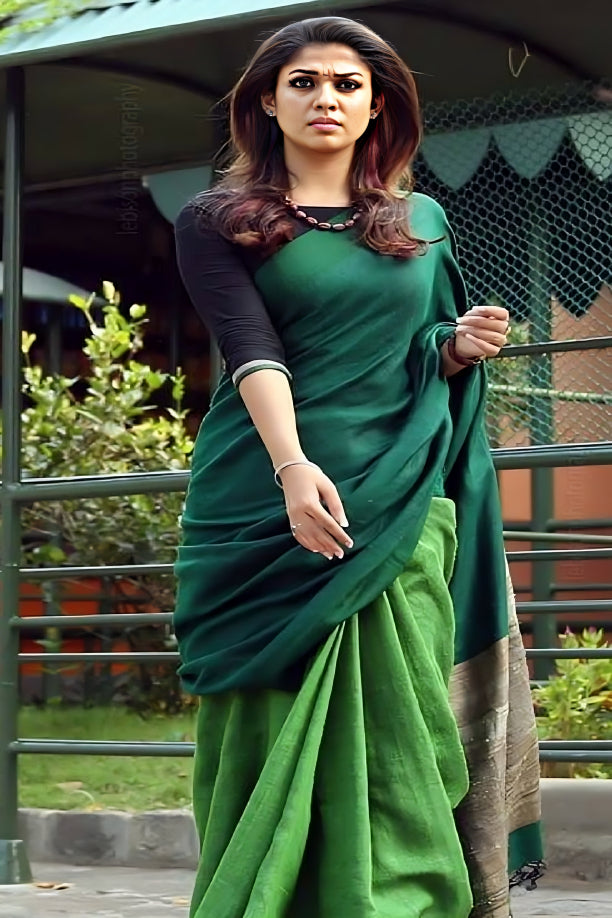 nayanthara in green handwoven pure linen saree - linenworldonline.in