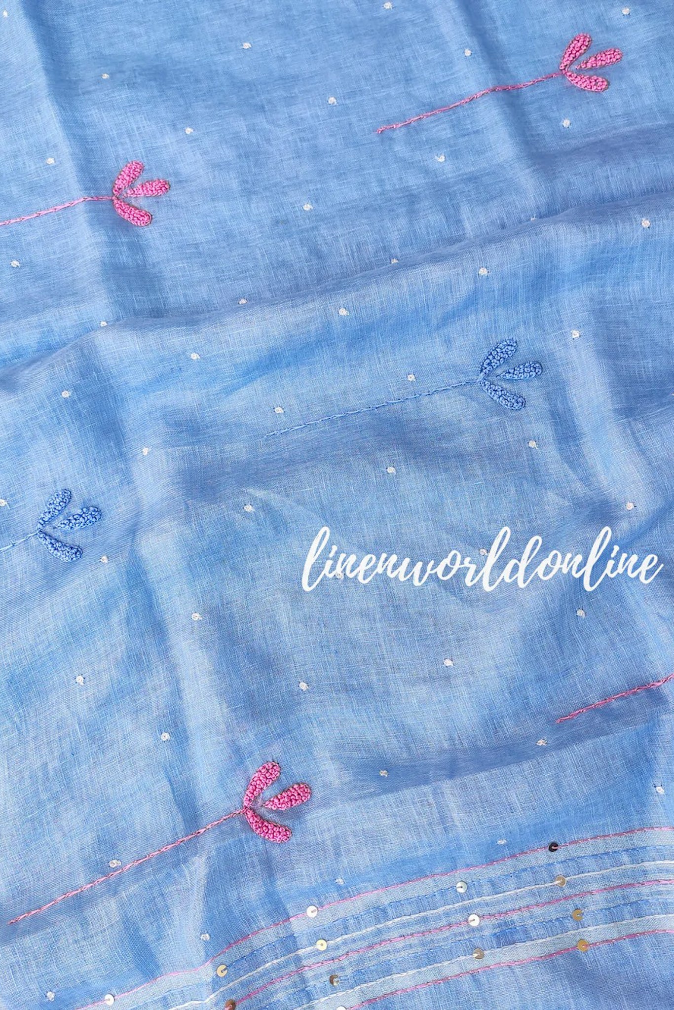 blue french knot hand embroidered pure linen saree - linenworldonline.in