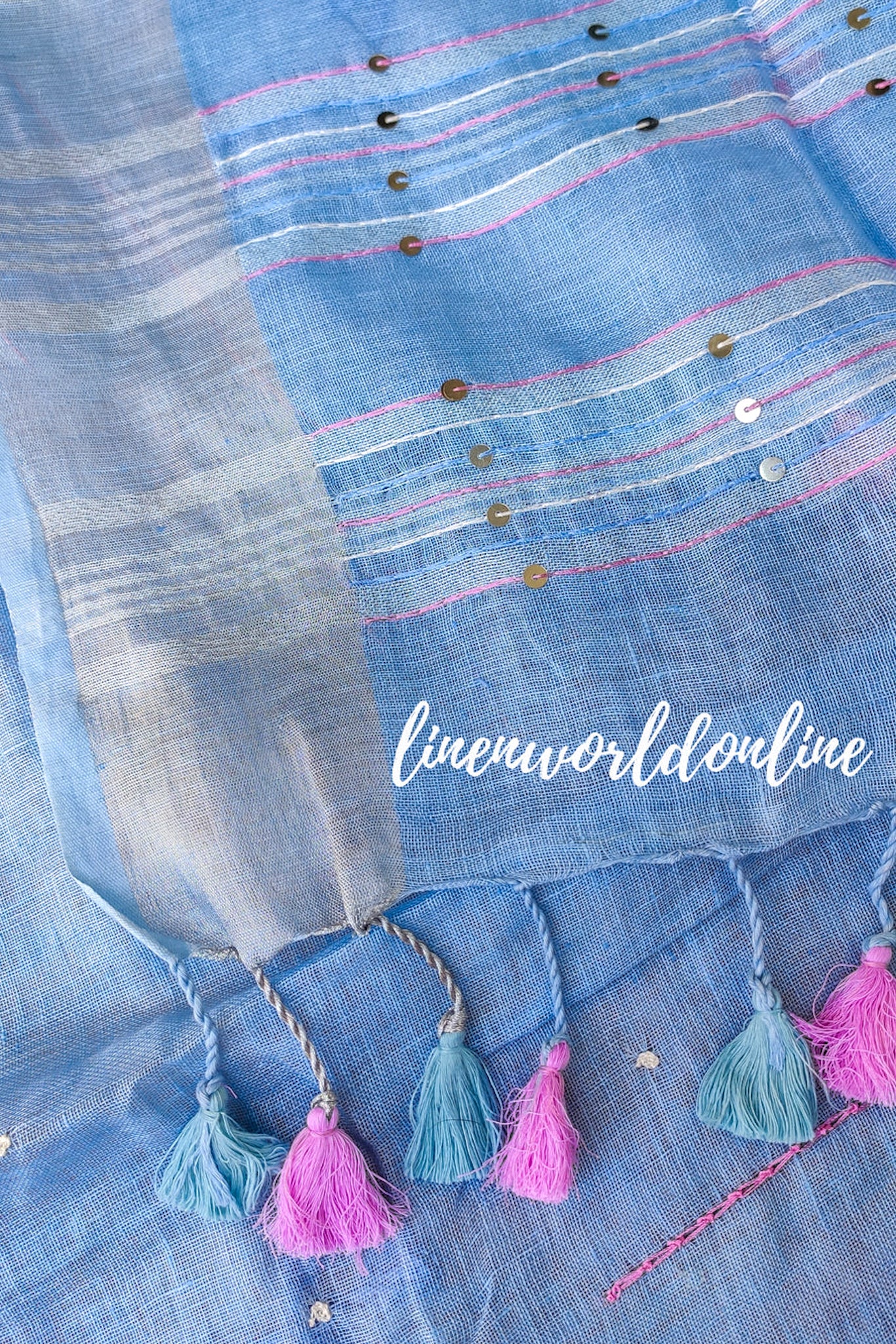 blue french knot hand embroidered pure linen saree - linenworldonline.in