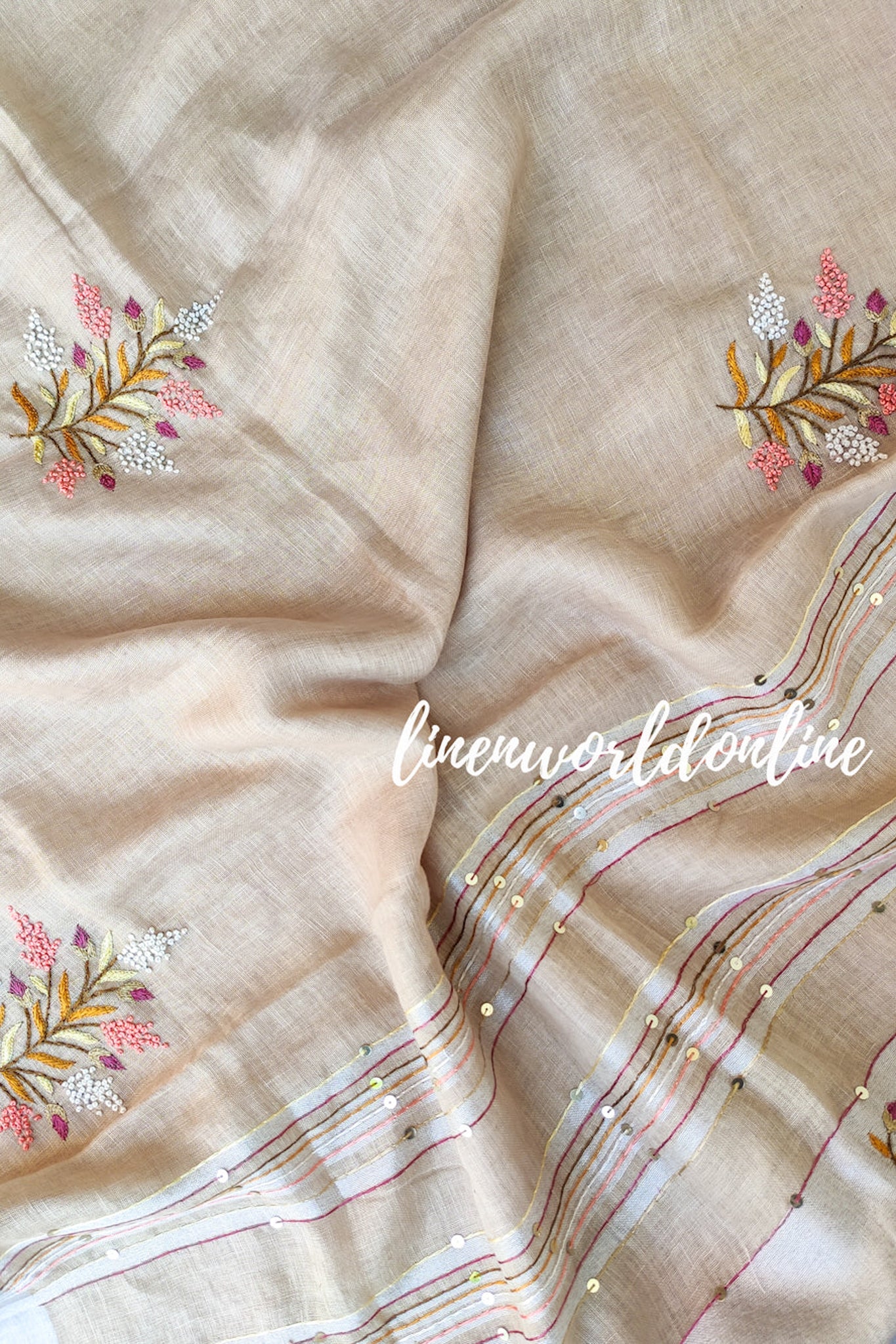 beige french knot embroidered handloom linen saree - linenworldonline.in