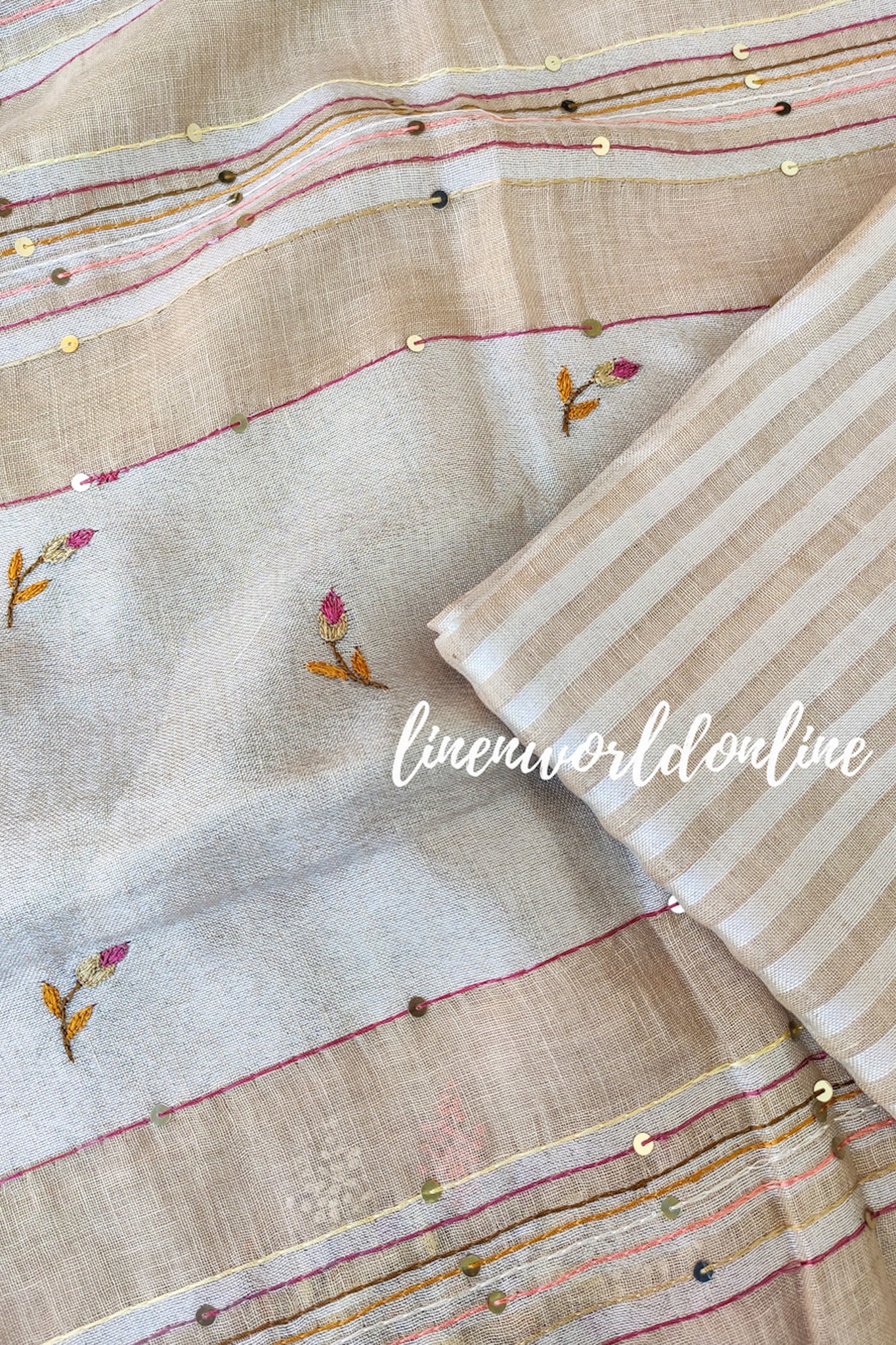 beige french knot embroidered handloom linen saree - linenworldonline.in