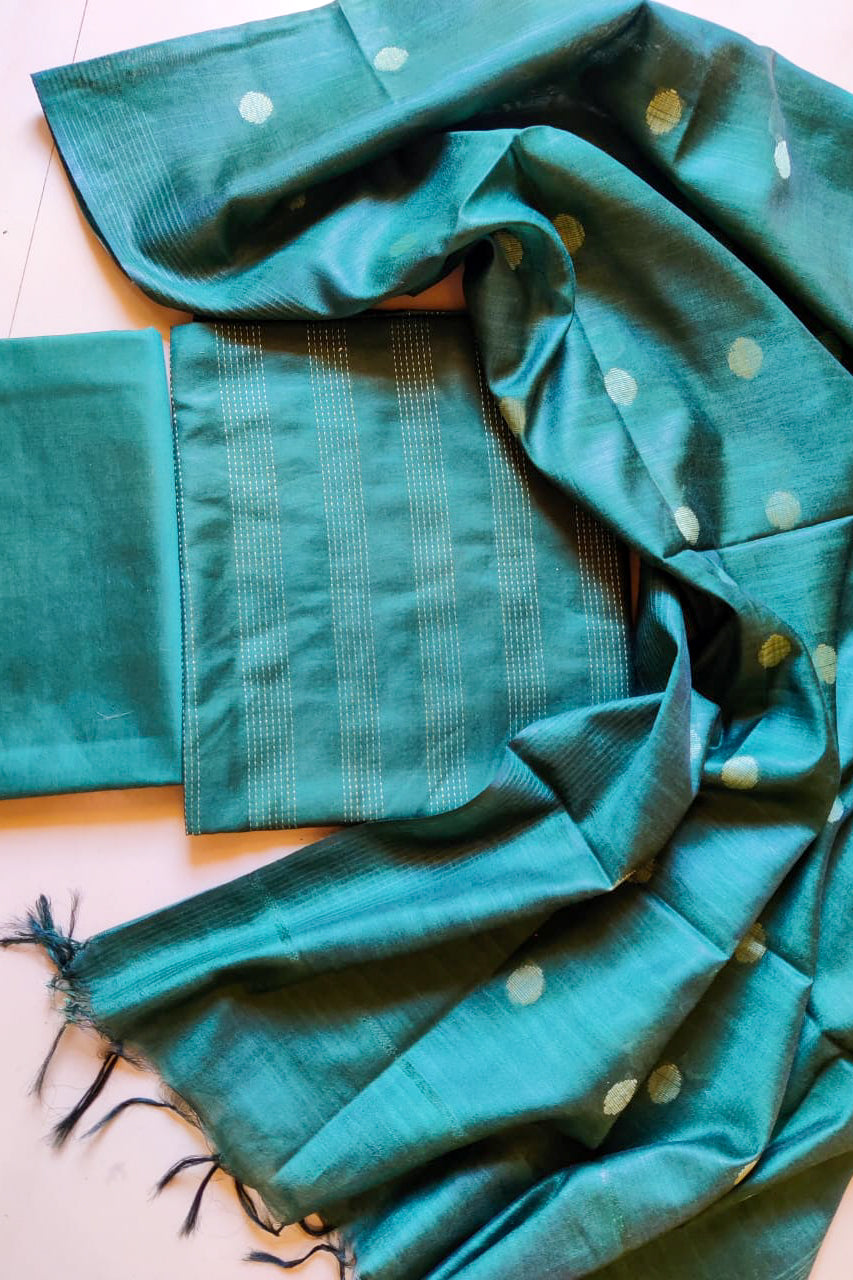 teal blue katan staple soft silk dress set (unstitched) - linenworldonline.in