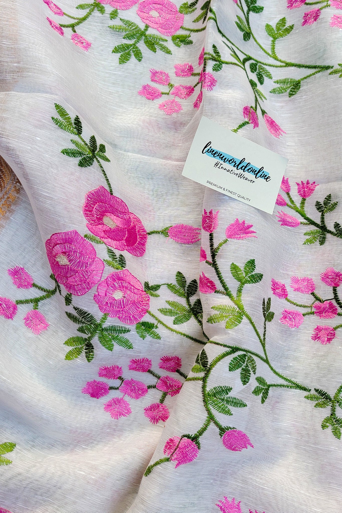 rossie- white silk linen floral embroidered saree - linenworldonline.in