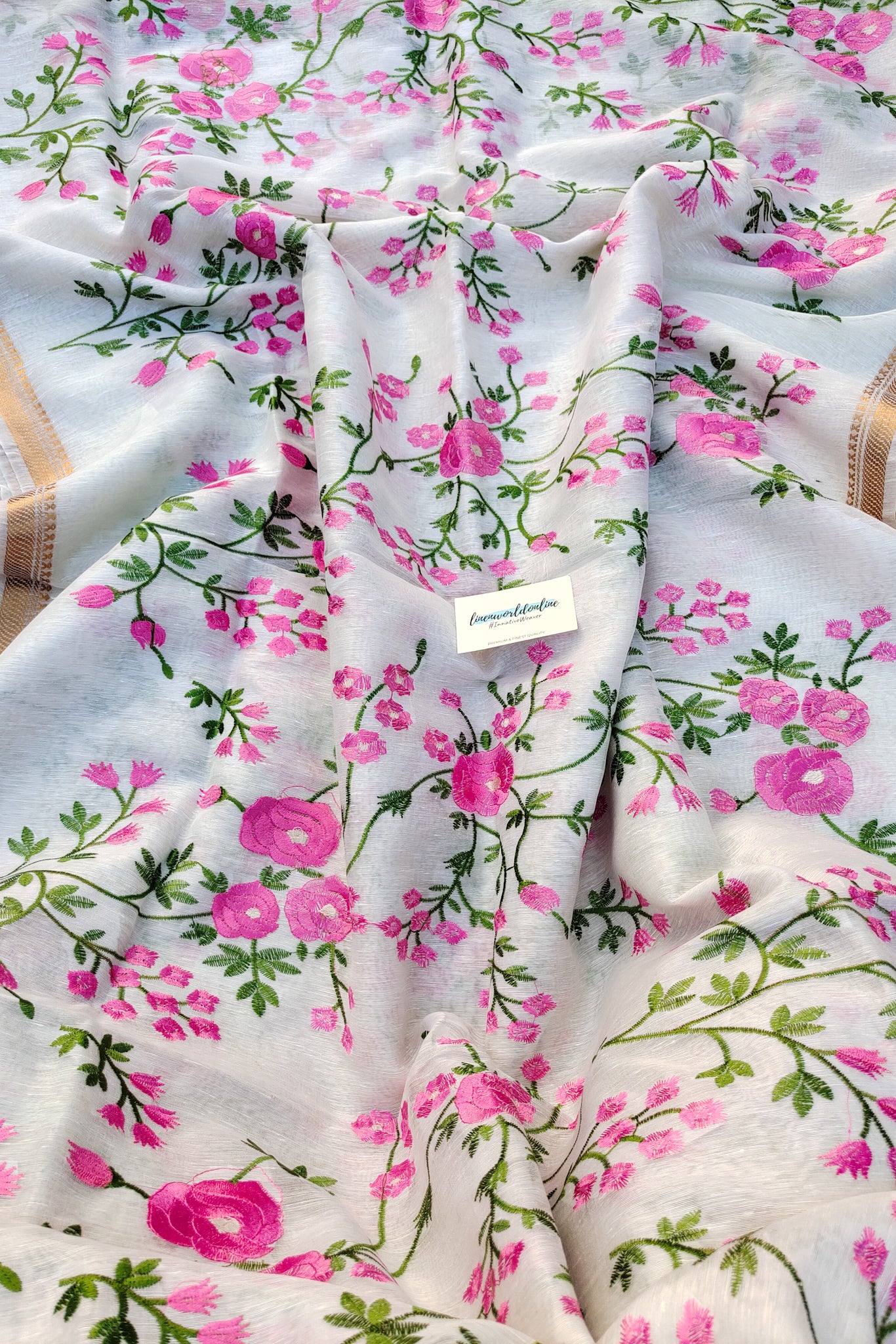 rossie- white silk linen floral embroidered saree - linenworldonline.in