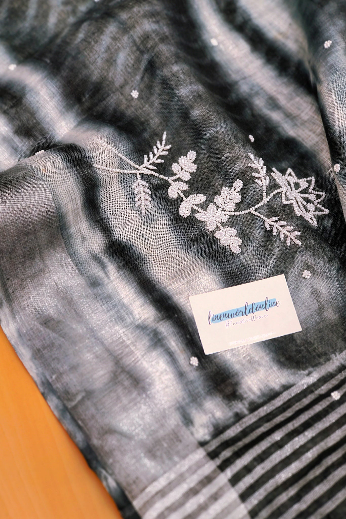 nyla - pure shibori linen pearl hand embroidered saree - linenworldonline.in 