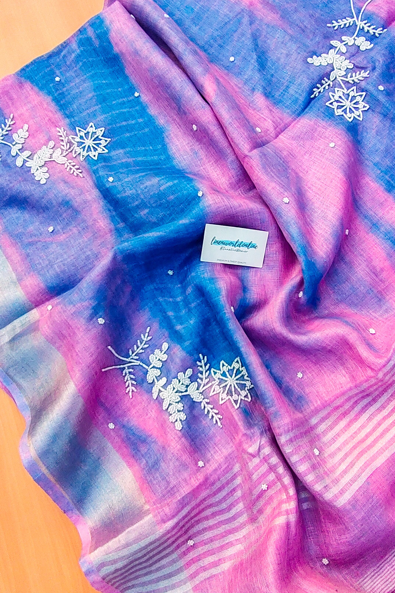 vaani - pure shibori linen pearl hand embroidered saree - linenworldonline.in 