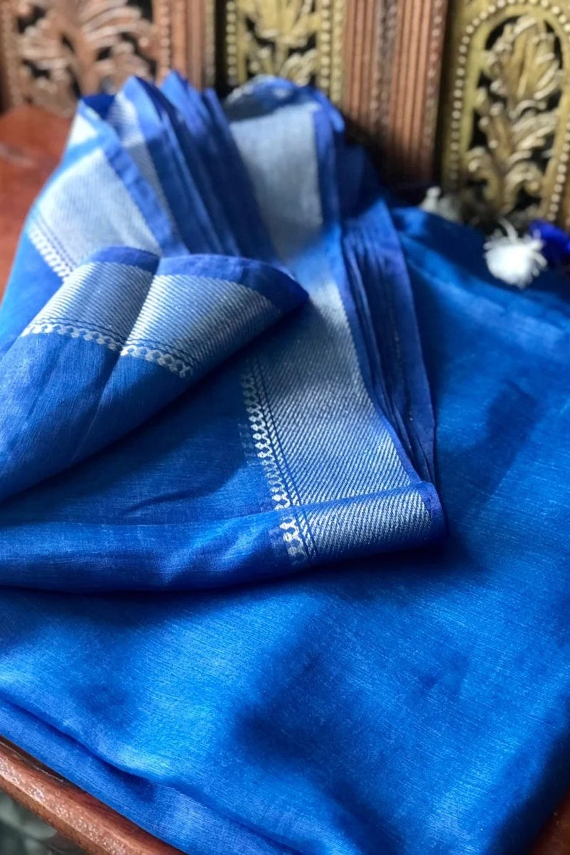 royal blue banarasi silk linen saree - linenworldonline.in