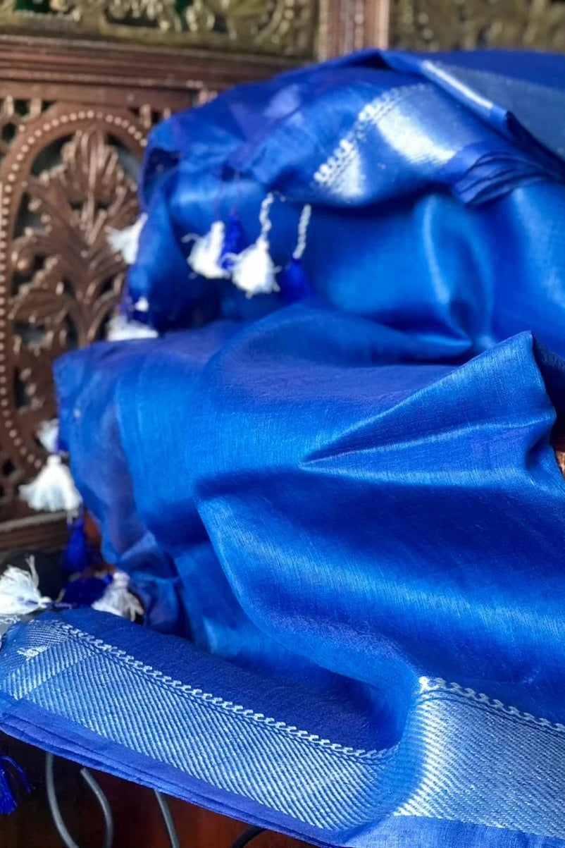 royal blue banarasi silk linen saree - linenworldonline.in