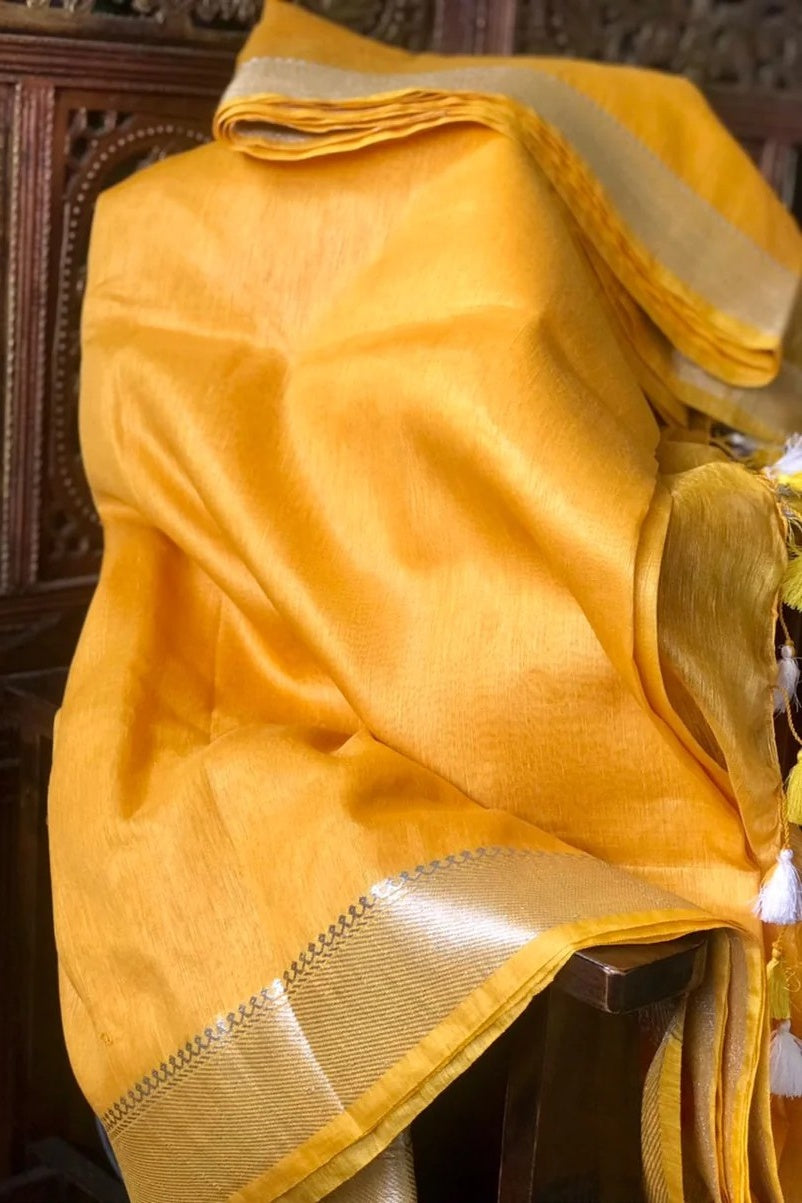 yellow banarasi silk linen saree - linenworldonline.in
