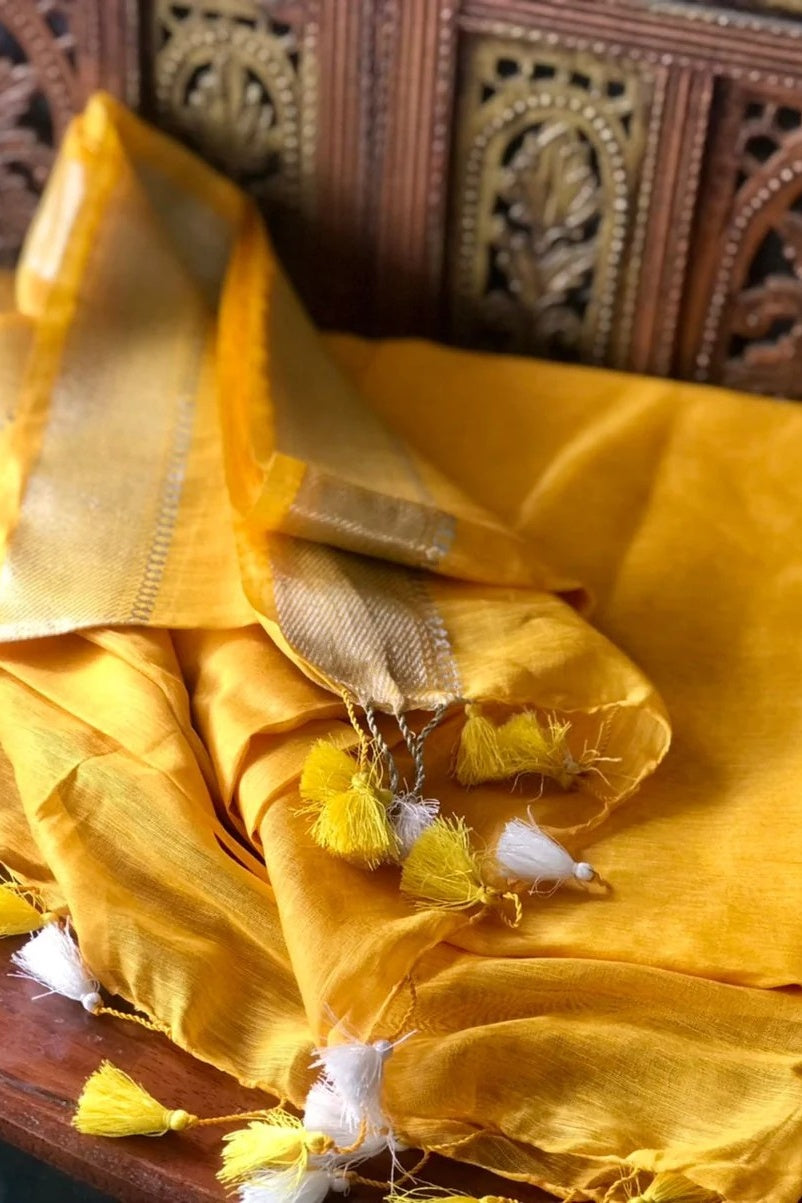 yellow banarasi silk linen saree - linenworldonline.in