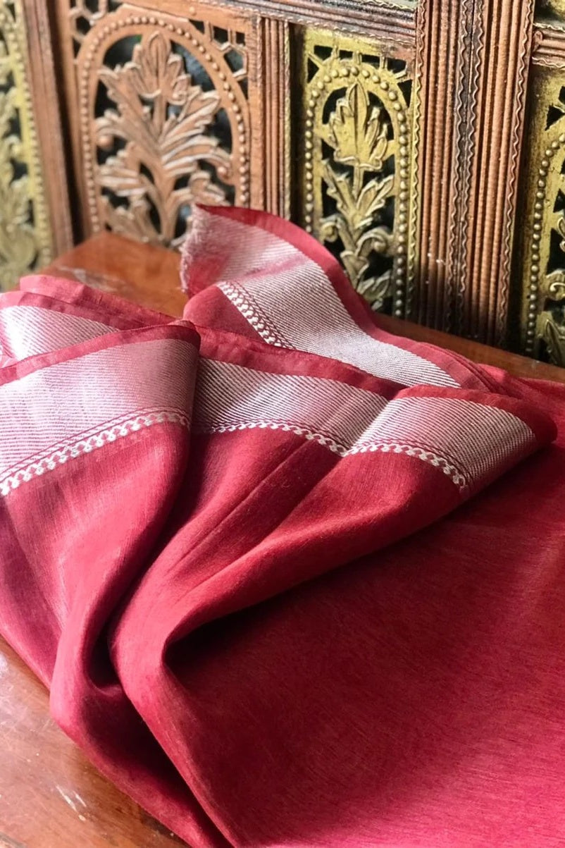 red banarasi silk linen saree - linenworldonline.in