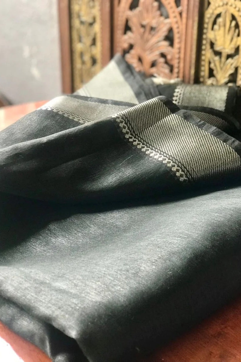 black banarasi silk linen saree - linenworldonline.in