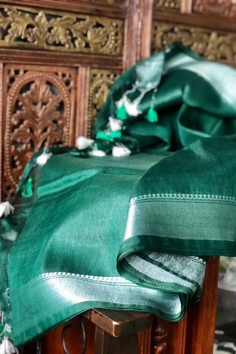 green banarasi silk linen saree - linenworldonline.in