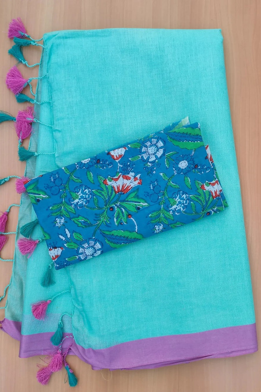 shefali blue pure cotton saree with ikat blouse - linenworldonline.in