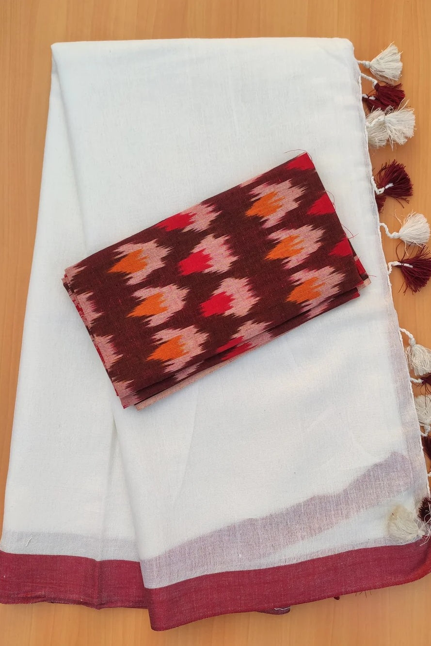 taahira white pure cotton saree with ikat blouse - linenworldonline
