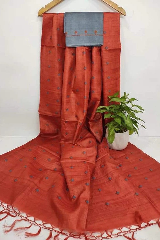 rust orange digital embroidered katan silk saree - linenworldonline.in