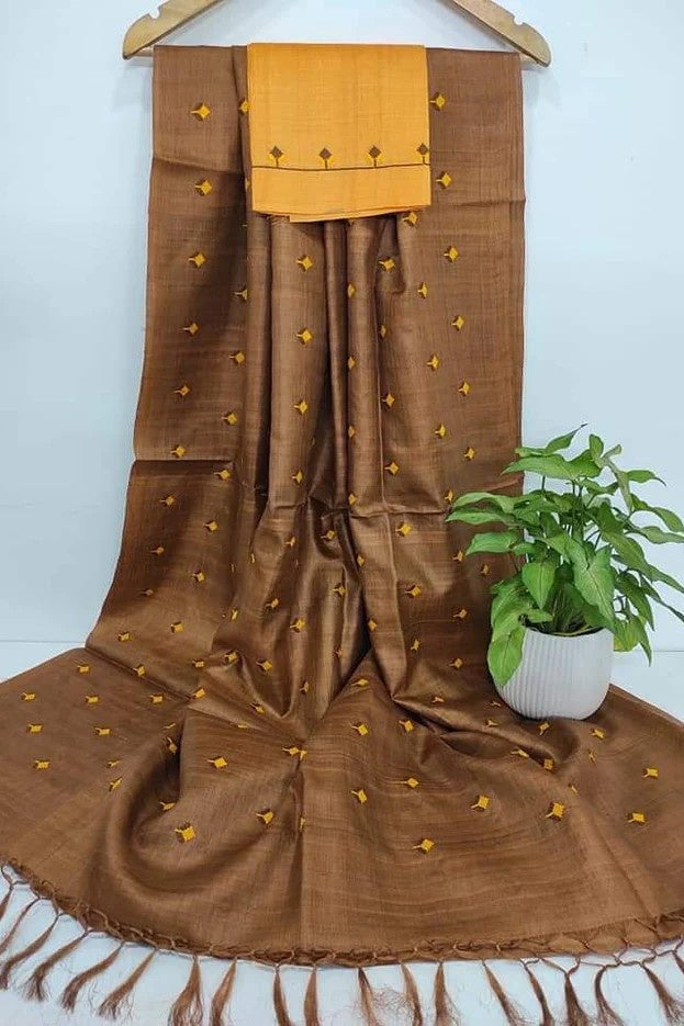 coffee brown digital embroidered katan silk saree - linenworldonline.in
