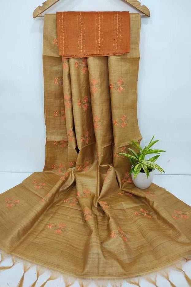 peanut brown digital embroidered katan silk saree - linenworldonline.in