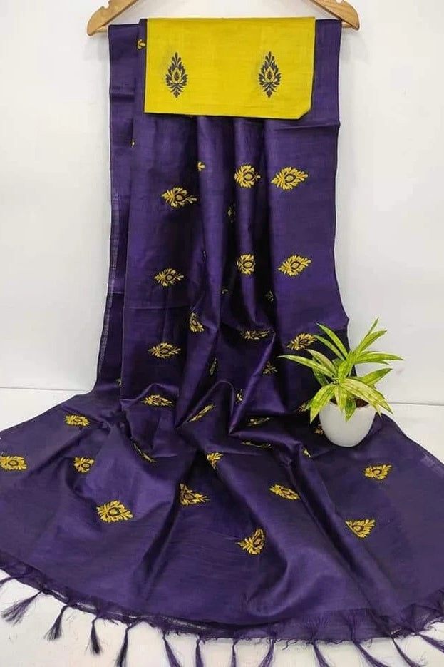 purple digital embroidered katan silk saree - linenworldonline.in