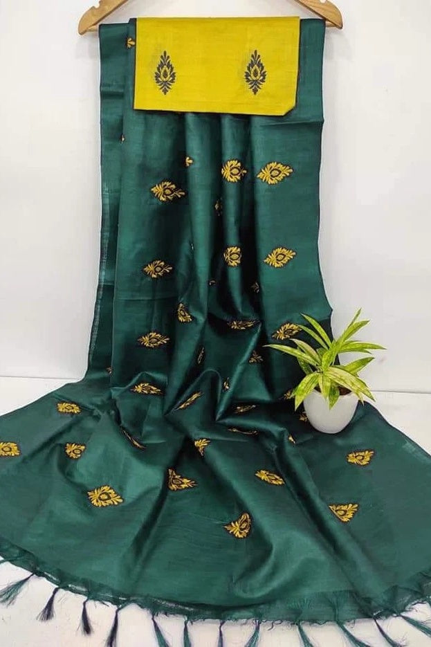 dark green digital embroidered katan silk saree - linenworldonline.in