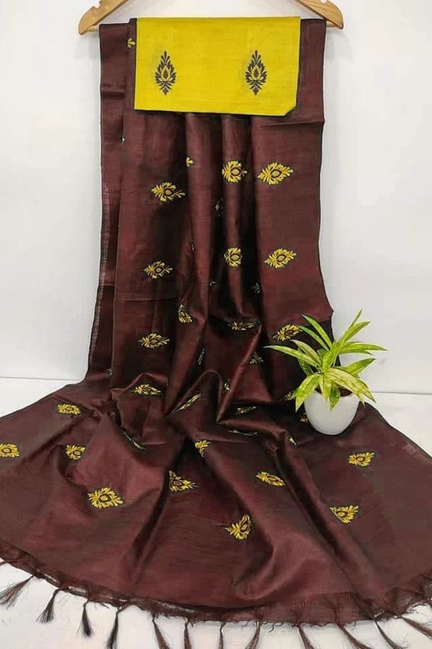 brown digital embroidered katan silk saree - linenworldonline.in