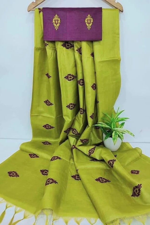 lime green digital embroidered katan silk saree - linenworldonline.in