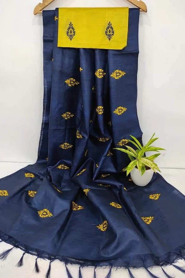 navy blue digital embroidered katan silk saree - linenworldonline.in