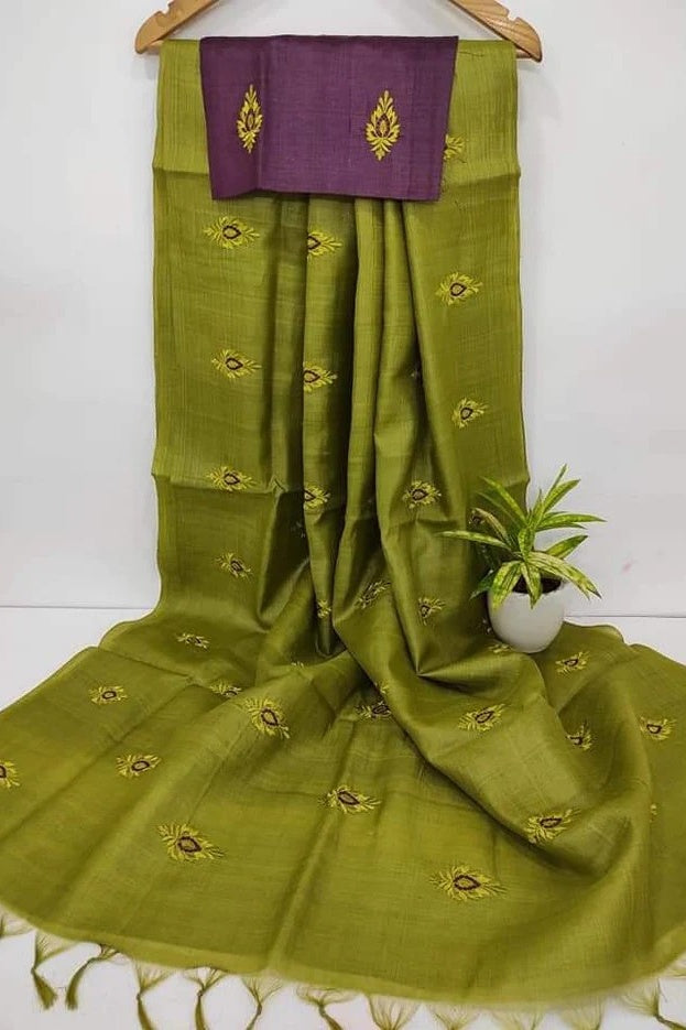 pickle green digital embroidered katan silk saree - linenworldonline.in